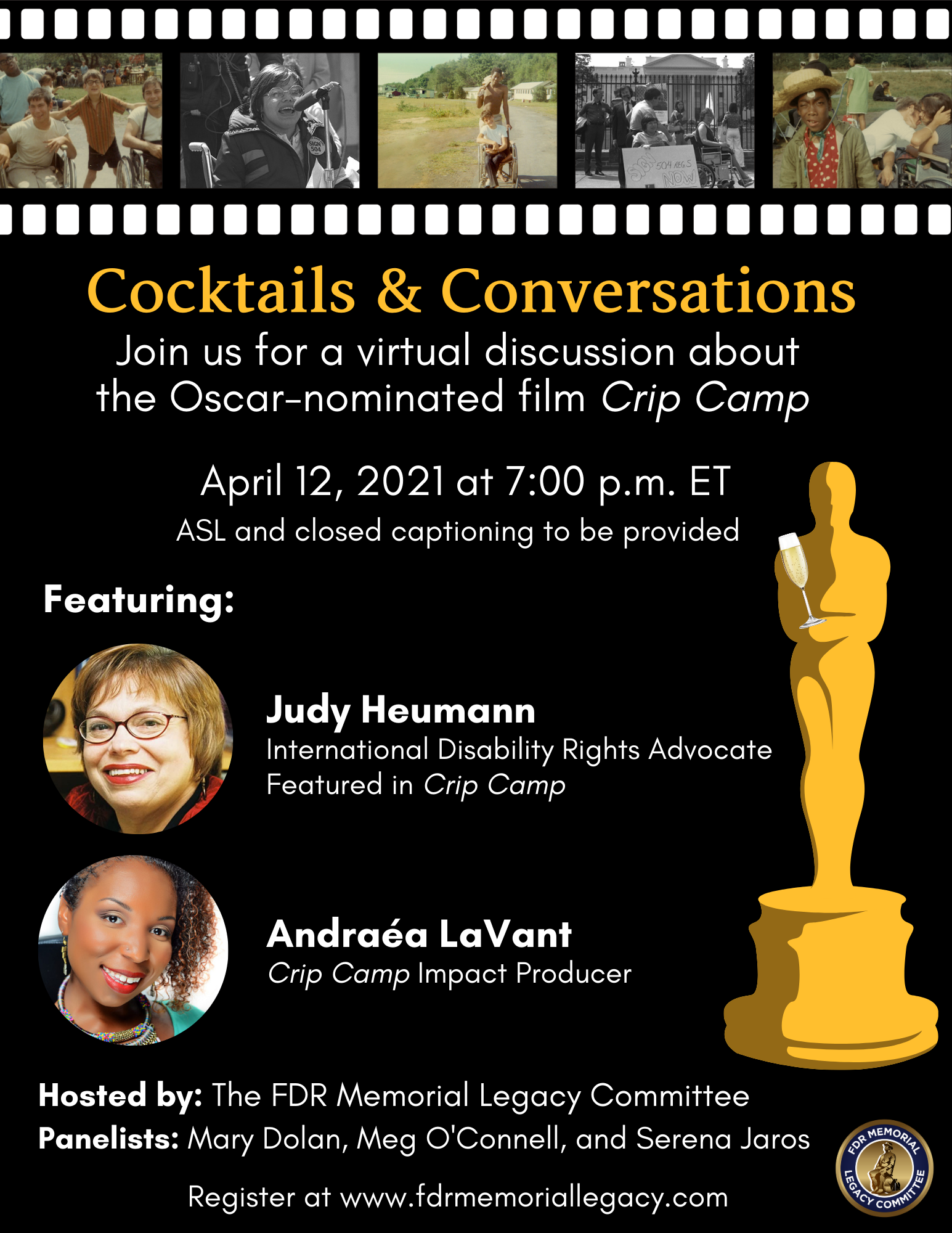 Graphic of invitation for Crip Camp: Cocktails and Conversations event on April 12th